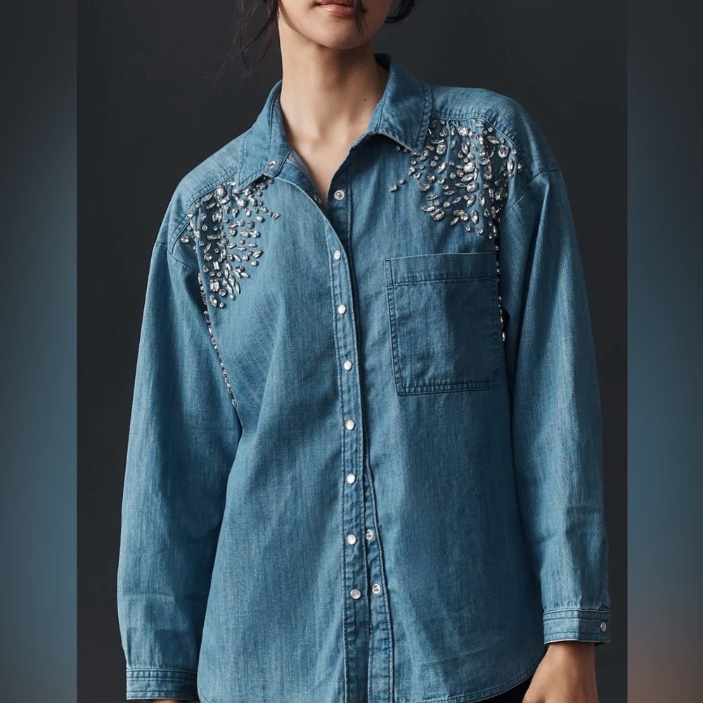 Anthropologie Pilcro Rhinestone Crystal denim shirt snap buttons  XS oversized